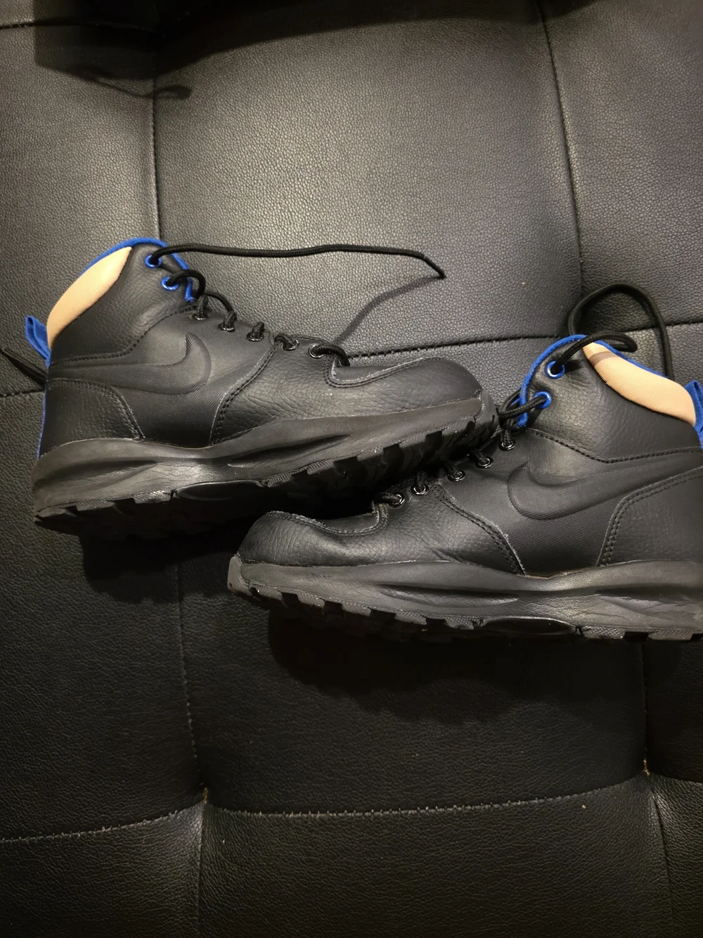 Boy's Nike Black High-Top Leather Boots with Blue And Tan Accents